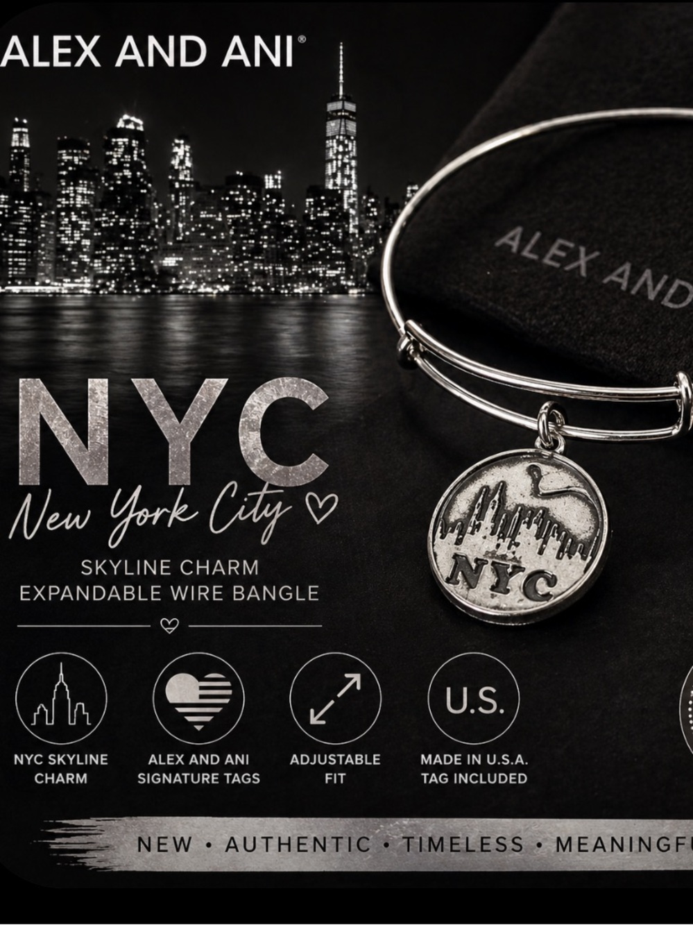 Alex and Ani Silver NYC Skyline Charm Expandable Bangle